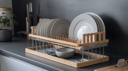 Fototapeta na wymiar A light wood and pale gray dish drying rack. AI generated