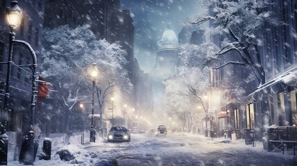 A snowy spectacle that ignites the holiday spirit. Snowflakes, cityscape, winter beauty, snowy streets, festive season, urban allure. Generated by AI.