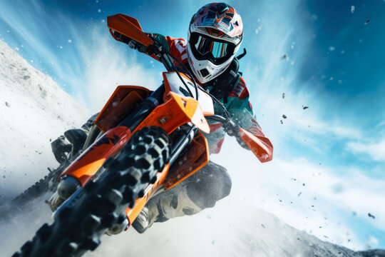 Motocross riders in action on the snow. Motocross winter extreme sport.