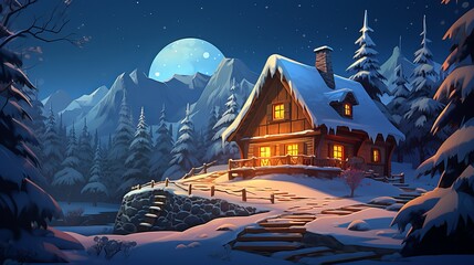 Mountain cottage within the snow at night - obrazy, fototapety, plakaty