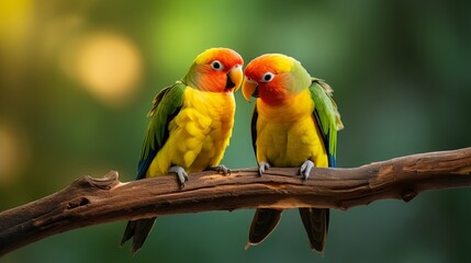 Lovebird parrots sitting together. This winged creatures lives within the woodland and is tamed to household creatures