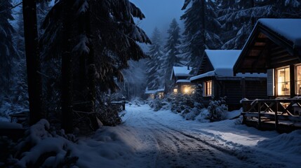 Log cabins shining within the nightfall encompassed by snow. Unused Year lighting