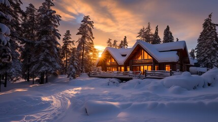Log cabins gleaming within the sunset encompassed by snow - obrazy, fototapety, plakaty
