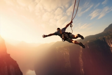 Man bungee jumping from the cliff. Extreme sports