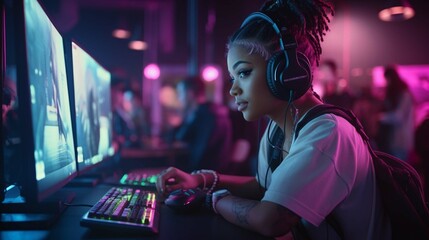  girl streamer playing online fighting with Esport skilled team wearing headphones in neon color lighting room. Talking to other players planning strategies to win over competitors. 