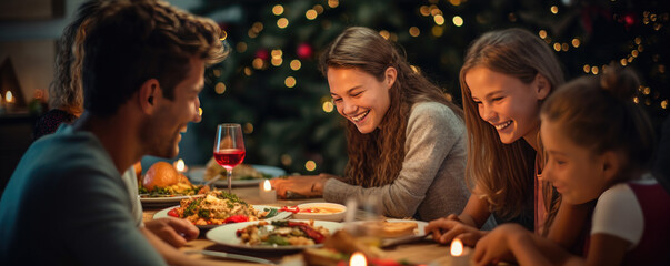 Obraz na płótnie Canvas Happy family is enjoying Christmas dinner at home.
