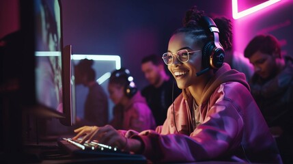  girl streamer playing online fighting with Esport skilled team wearing headphones in neon color lighting room. Talking to other players planning strategies to win over competitors. 