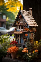 Fototapeta na wymiar Front yard with a charming birdhouse on a post, Generative AI