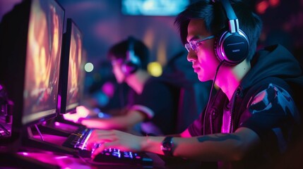 Creating gaming content, young male live streaming a video game in neon lights with a camera. ...