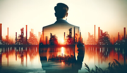Double exposure of a man dressed in a suit with a vivid industrial landscape during sunset. Panoramic view of an industrial plant. foreground of still body of water and dusk sky. Generative AI - obrazy, fototapety, plakaty