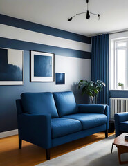 In a Scandinavian apartment, you'll find a sophisticated dark blue sofa and a comfortable recliner chair, perfectly complementing the modern interior design of the living room.