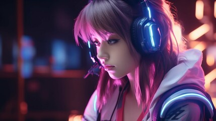 Fototapeta na wymiar woman listening to music in headphones in neon lights. generative ai