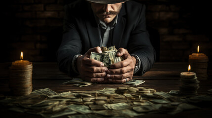 Hands of a man in a hat and mustache with money on the table. Gangster mafia criminal world, gambling. - obrazy, fototapety, plakaty