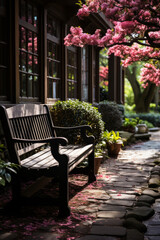 Front yard with a cozy bench for quiet reflection, Generative AI