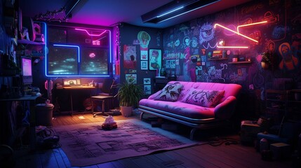 Interior living room wall mockup with leather sofa and decor with neon lights. generative ai