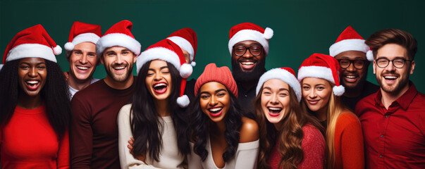 Fototapeta premium Multicultural group of happy young people on New Year or Christmas party, wearing red santa hats, smiling on red studio backgrounds