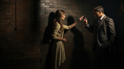 Angry man and woman fighting in a dark room with brick wall.  Arguing sad couple screaming scolding...