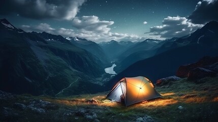 neon lights camping in the mountains