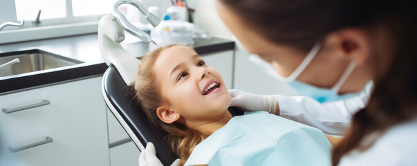 Little cute girl sitting in dental chair while doctor fixing her teeth. Dental care concept. - Powered by Adobe