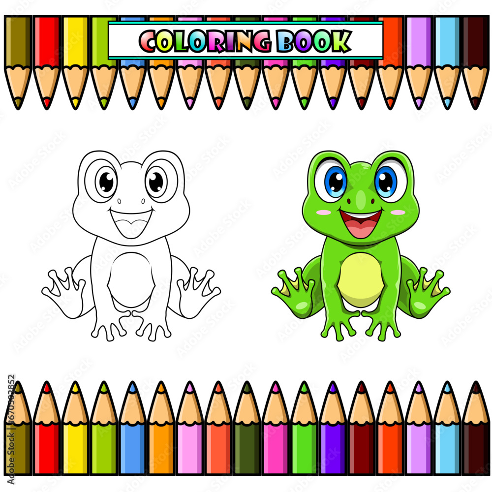 Wall mural Cute baby frog cartoon sitting for coloring book