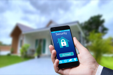 Smart home technology interface on smartphone app screen. Against the background of a private house.