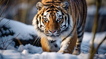 Fototapeta na wymiar Near up of the confront of an Amur Tiger Panthera tigris altaica, too called a Siberian tiger, with detail of the hide markings and eyes