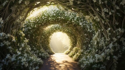 A tunnel crafted from intertwining jasmine vines, their white blossoms shimmering under the morning...