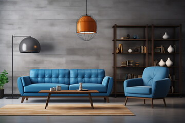 modern living room  with blue sofa