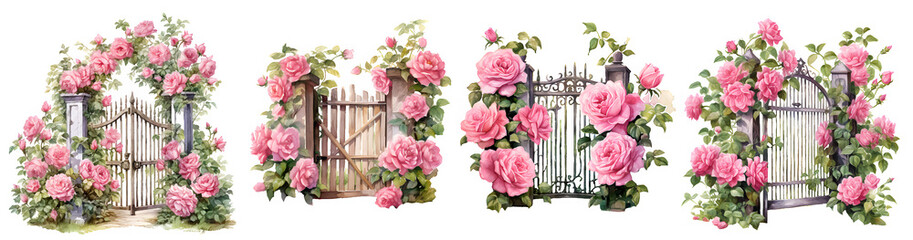 Garden gate fence with pink rose watercolor illustration clipart. Generative AI. - obrazy, fototapety, plakaty