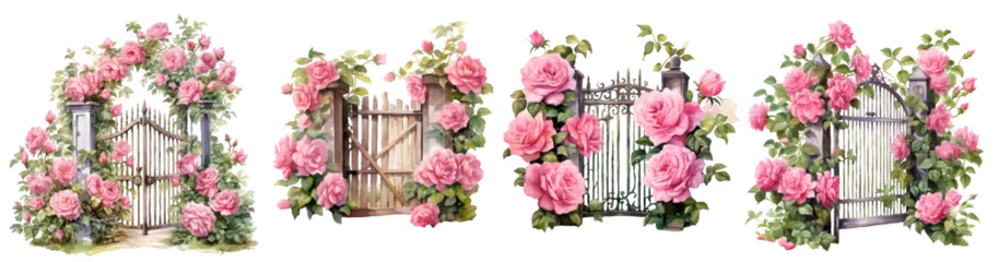 Fotobehang Garden gate fence with pink rose watercolor illustration clipart. Generative AI. © Dian