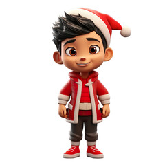 3d Christmas character asian boy in christmas clothing  isolated on white transparent background 