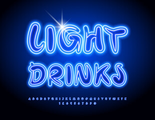 Vector advertising banner Light Drinks. Neon handwritten Font. Playful Blue Alphabet Letters, Numbers and Symbols set. 