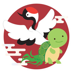 デフォルメされたかわいい鶴と亀のおめでたいベクターイラスト素材