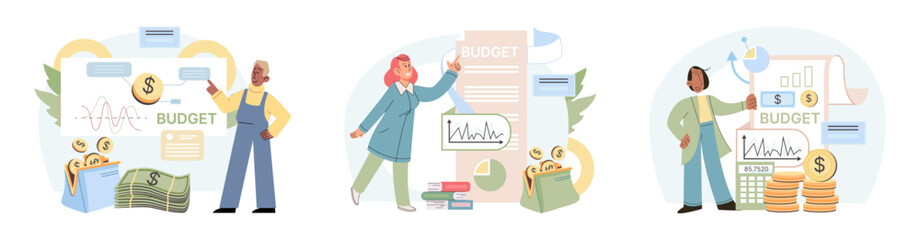 People analysis budget. Calculate financial plan of save income and expense management. Tax report, audit or investment analysis with money bag, graphs. Budget planning. Investments, money savings