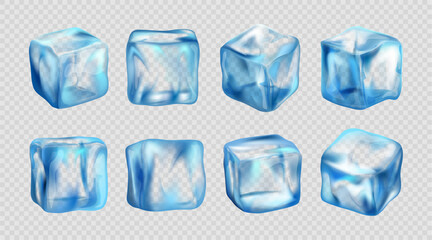 Ice cubes shapes, addition for cocktail or drink in restaurant. Vector realistic frozen water, isolated on transparent background. Crystal glacier or liquid for cooling refreshments