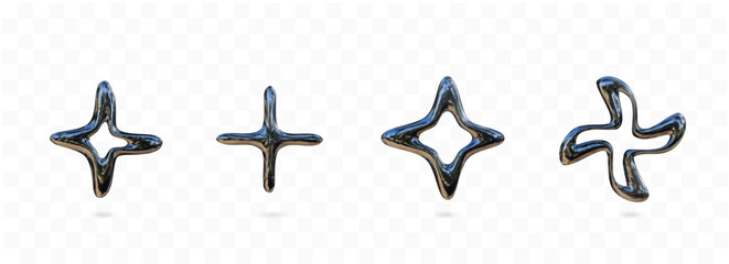 Set of realistic chrome elements for design in Y2K style