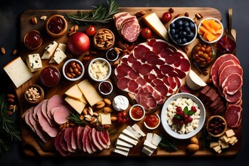 Set up a visually stunning charcuterie board with an array of cured meats, artisanal cheeses, fruits, nuts, and various accompaniments