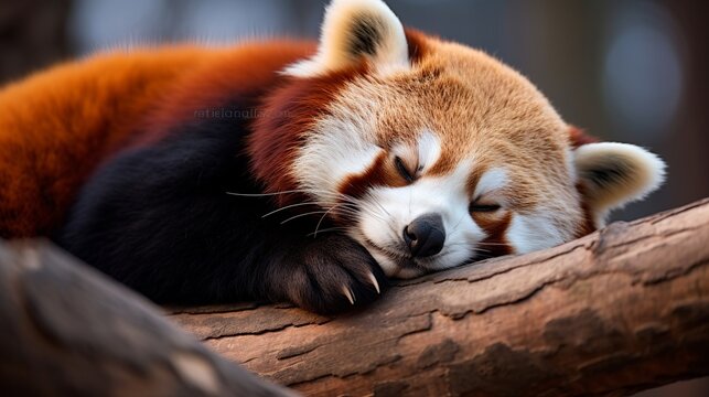 Resting Ruddy Panda (Ailurus fulgens). Clever charming creature picture of a ruddy panda snoozing amid evening rest