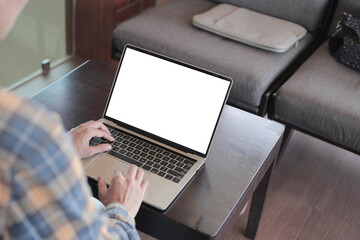 computer screen blank mockup.hand woman work using laptop with white background for...