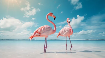 Gardinen Vintage and retro collage photo of flamingos standing in clear blue ocean with sunny sky summer season with cloud © Ruslan