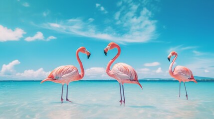 Vintage and retro collage photo of flamingos standing in clear blue ocean with sunny sky summer season with cloud