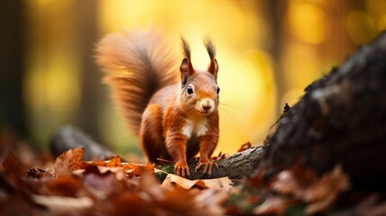 The Eurasian ruddy squirrel (Sciurus vulgaris) in its common environment within the harvest time woodland. Representation of a squirrel near up. The timberland is full of wealthy warm colors