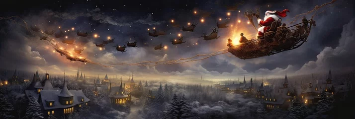 Fotobehang Joy and enchantment to homes around the world. Festive flight, holiday merriment, Christmas magic, sleigh adventure. Generated by AI. © Anastasia