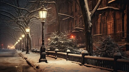 Winter nostalgia, snowy urban beauty, classic street lights, holiday atmosphere, timeless charm. Generated by AI.