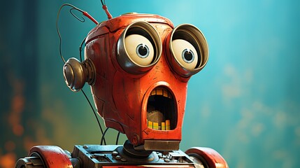 A surprised robot with big round eyes and a red appearance, set against a vintage wallpaper background