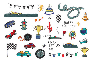 Racing cars Happy Birthday vector illustrations set. - obrazy, fototapety, plakaty
