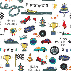 Racing cars birthday vector seamless pattern.