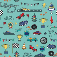 Plexiglas foto achterwand Racing cars birthday vector seamless pattern. © GooseFrol