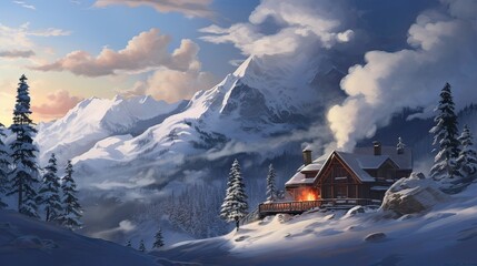 Fototapeta premium Winter retreat, cozy cabin, snowy alpine charm, warm sanctuary, serene cold-weather scene. Generated by AI.