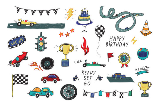 Racing cars Happy Birthday vector illustrations set.